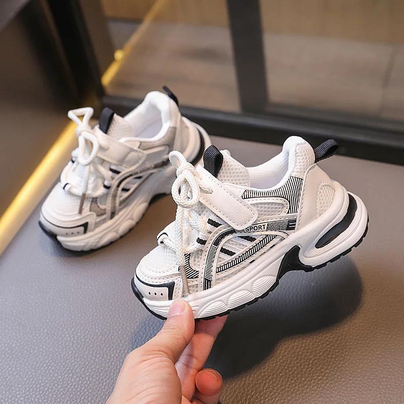 

New Four Seasons Color Blocked Children s Mesh Sports Shoes Kids Lace Up Decoration Boy Girl Soft Thick Sole Non Slip Sneakers 21 чёрный