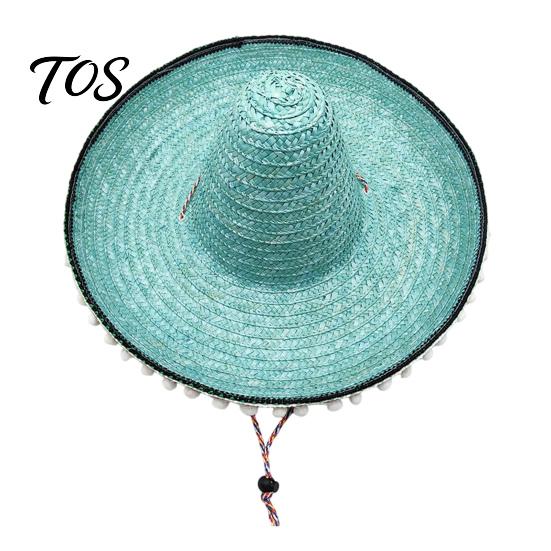 Mexican Straw Hat Sombrero with Colorful Poms, Hawaiian Style Woven Sun Hat, Wide Brim Lightweight Halloween Costume Party for Summer Beach