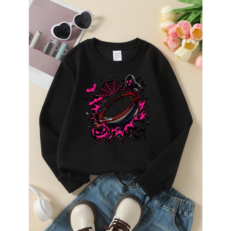 Girls' Long-Sleeve Round Neck Sweatshirt with Printed Design, Halloween Football Style for Spring And Autumn, Fashionable And Casual