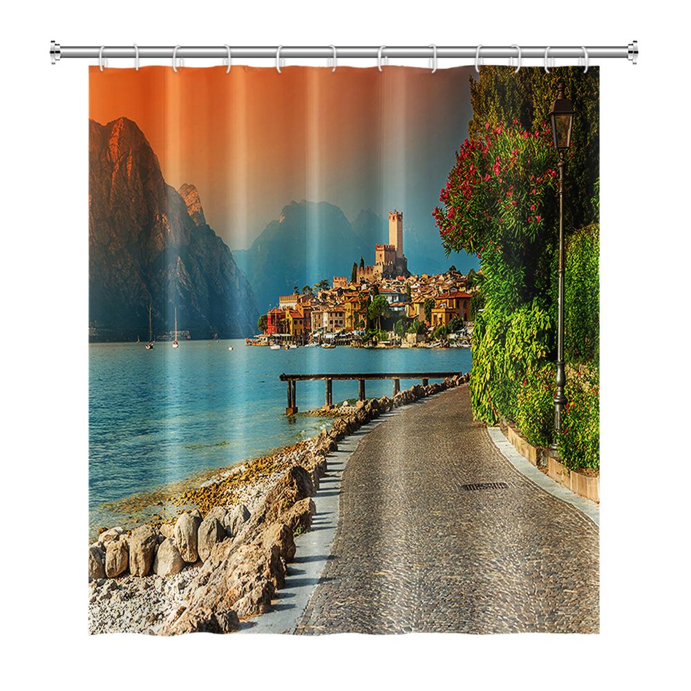 Venkovská krajina Sprchové závěsy Potok Kámen Lotos Buddha Koupelnový závěs Přírodní scenérie Vodotěsná Koupelna Domácí dekorace s háčky