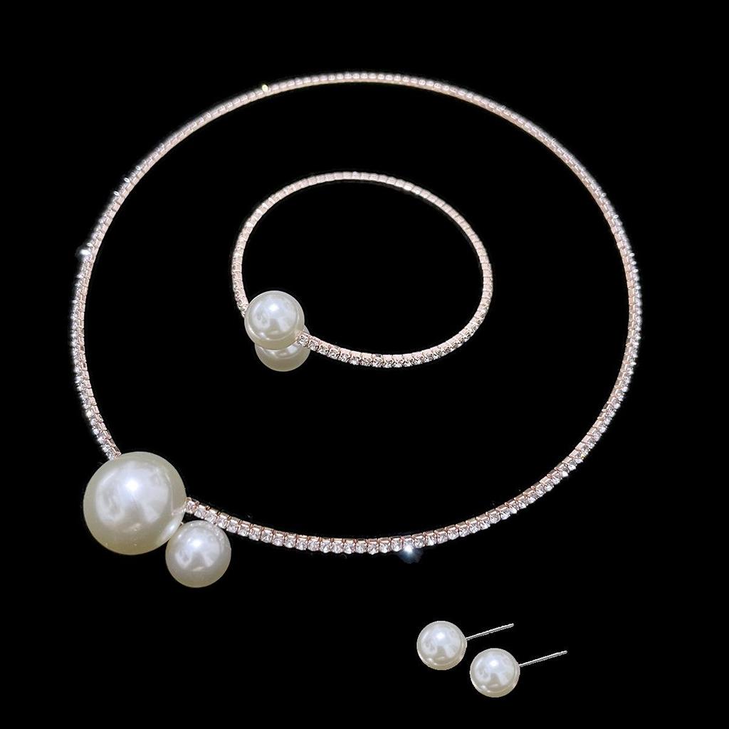 Minimalist Jewelry Set: Diamond & Pearl Choker, Clavicle Chain Necklace, Earrings & Bracelet