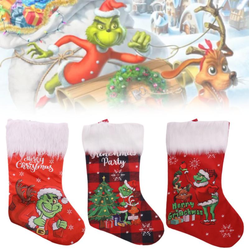 Plush Grinch Christmas Stocking Cozy Gift Bag For Kids Holiday Candy Holder
