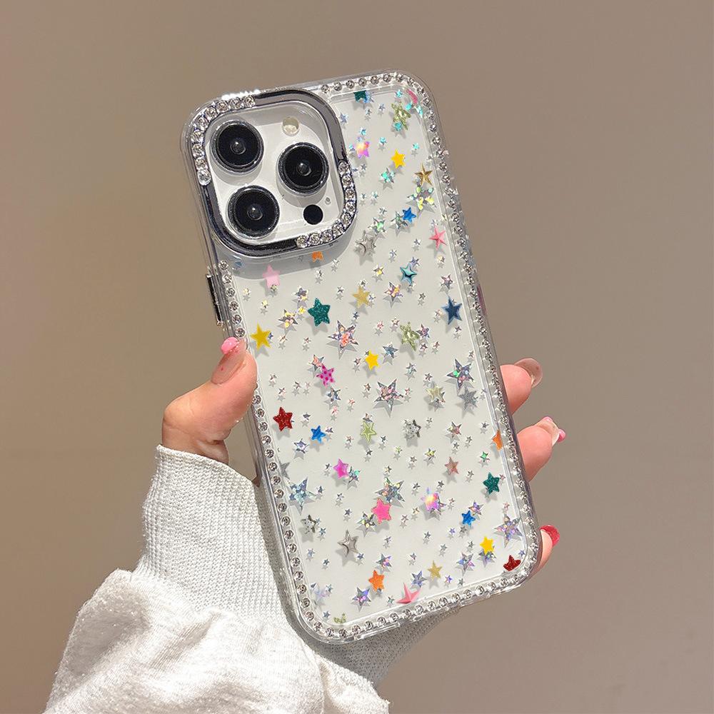 Applicable to iPhone16 flash diamond star mobile phone case full screen color star diamond Apple 17PROMAX hard case 15