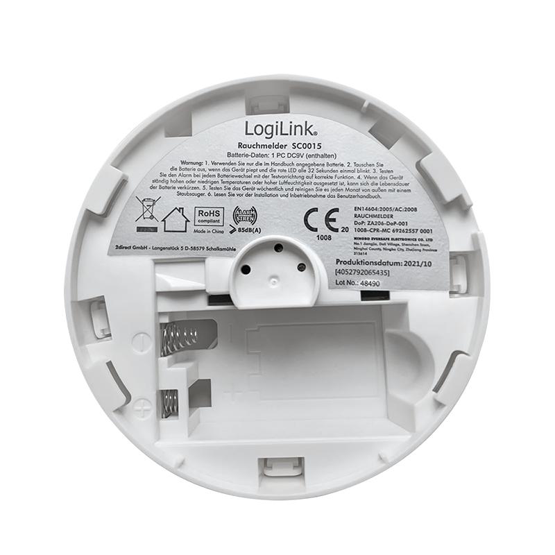 Smoke detector with replaceable 9V battery, Photoelectric, 85 dB EN14604 LogiLink
