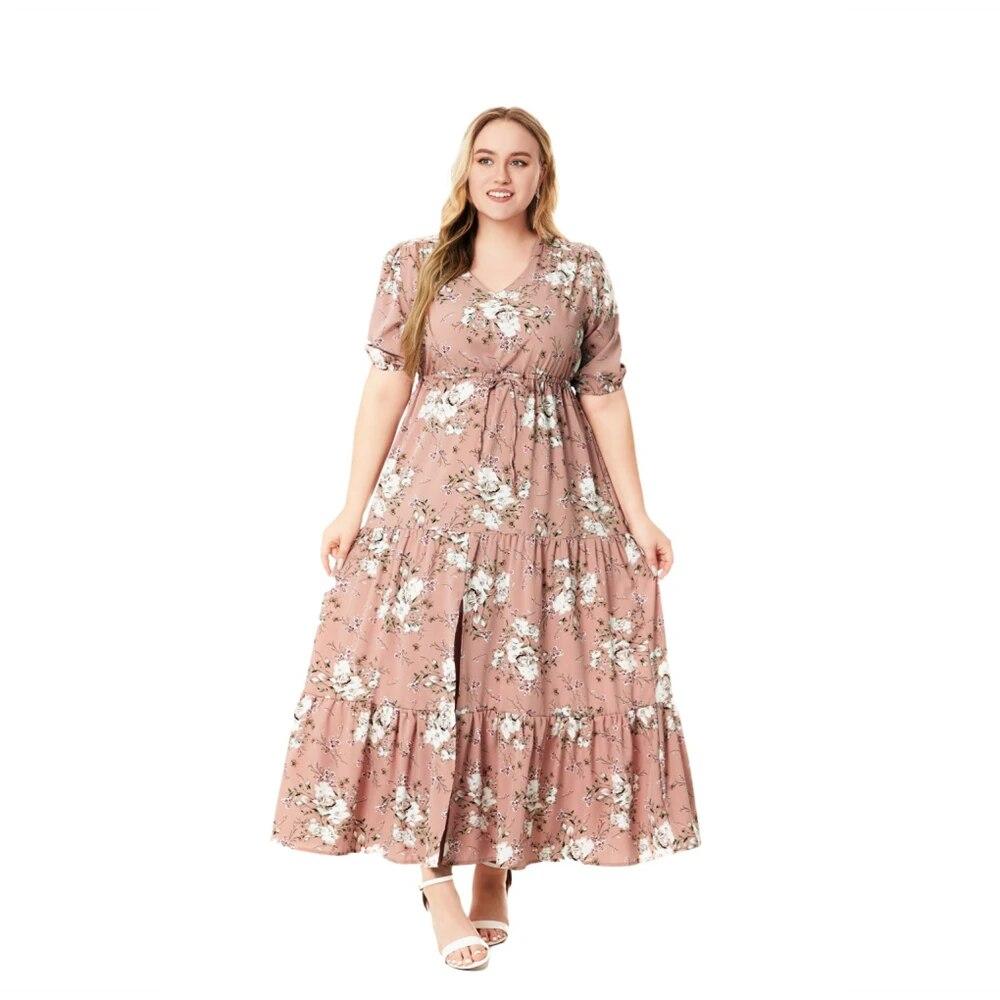 2026 Summer New Hot Sale European And American Style Plus Size Bohemia Printed Loose Dress For Women XL розовый