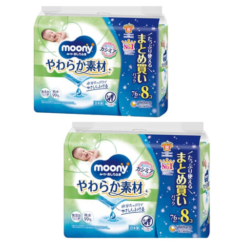 moony Baby Wipes, Soft, Cashmere-Touch, Highly Moisturizing, Refill Pack of 76 Wipes x 8 Packs (Set of 2) - Additive-Free, Pure Water, Limited Edition