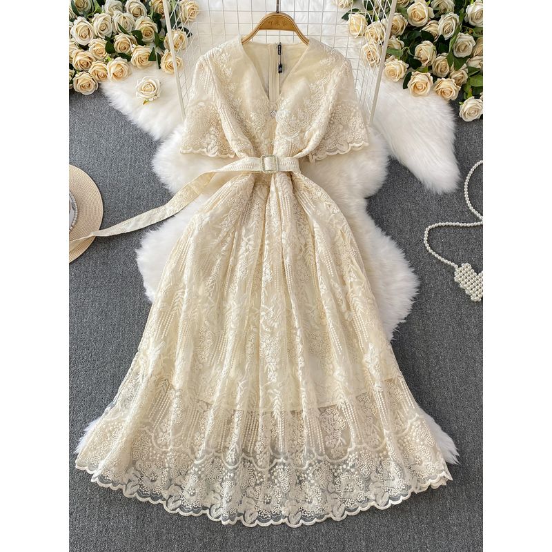 High End Socialite Heavy Industry Lace V-neck Short Sleeve Formal Dress Dress Women Summer Lace-up Waist Hugging Slimming Princess Long Dress