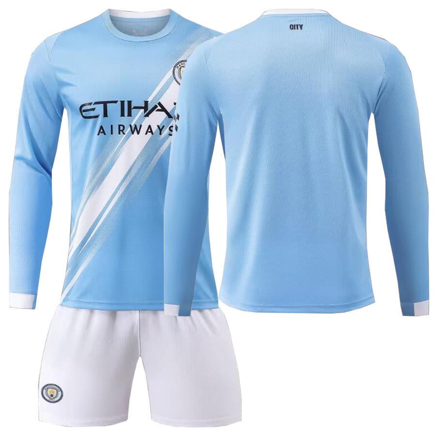 Manchester City Kids  Home Long Sleeve Jersey Set: Haaland #9, Foden #47, Mahrez #7. 22