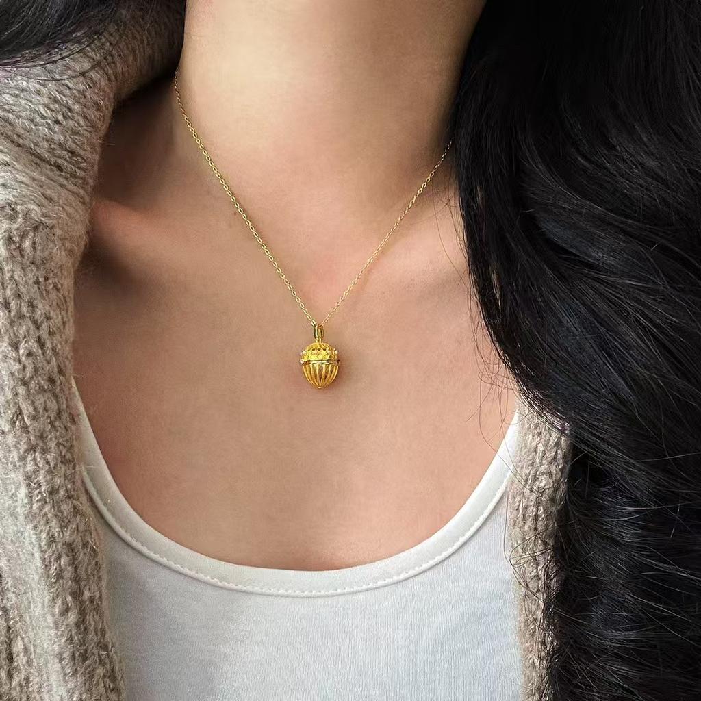 S925 Sterling Silver Antique Style Switchable Gold Ball Necklace Hollow Light Luxury Temperament Design Sense Collarbone Chain