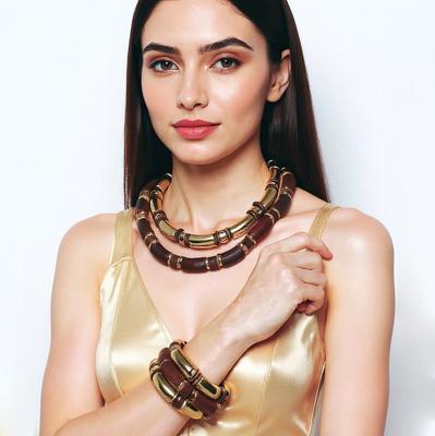 Personalized Trend American Double-layer Stacked Wooden CCB Bamboo Necklace Jewelry Set Versatile Women's Jewelry