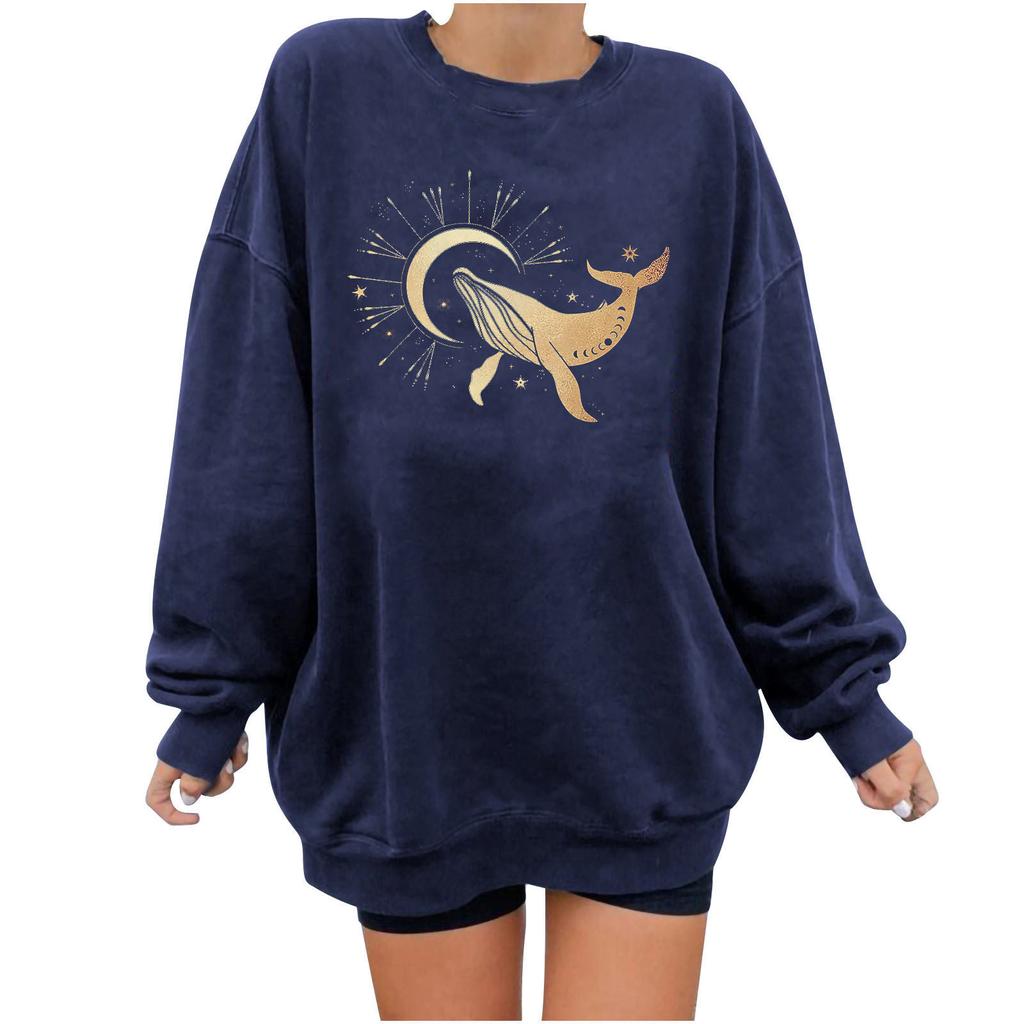 Women's Sun Fish Print Casual Printing Long Sleeve Sweatshirt Pullover Blouse