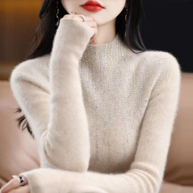 2025 Autumn/Winter Women's Rhinestone Cashmere Sweater - Semi-High Neck & Slimming Fit