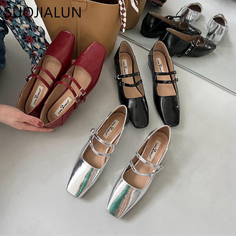 Fashion SUOJIALUN 2024 Spring New Women Flat Shoes Fashion Red Ladies Elegant Mary Jane Shoes Flat Heel Casual Dress Outdoor Ballerinas