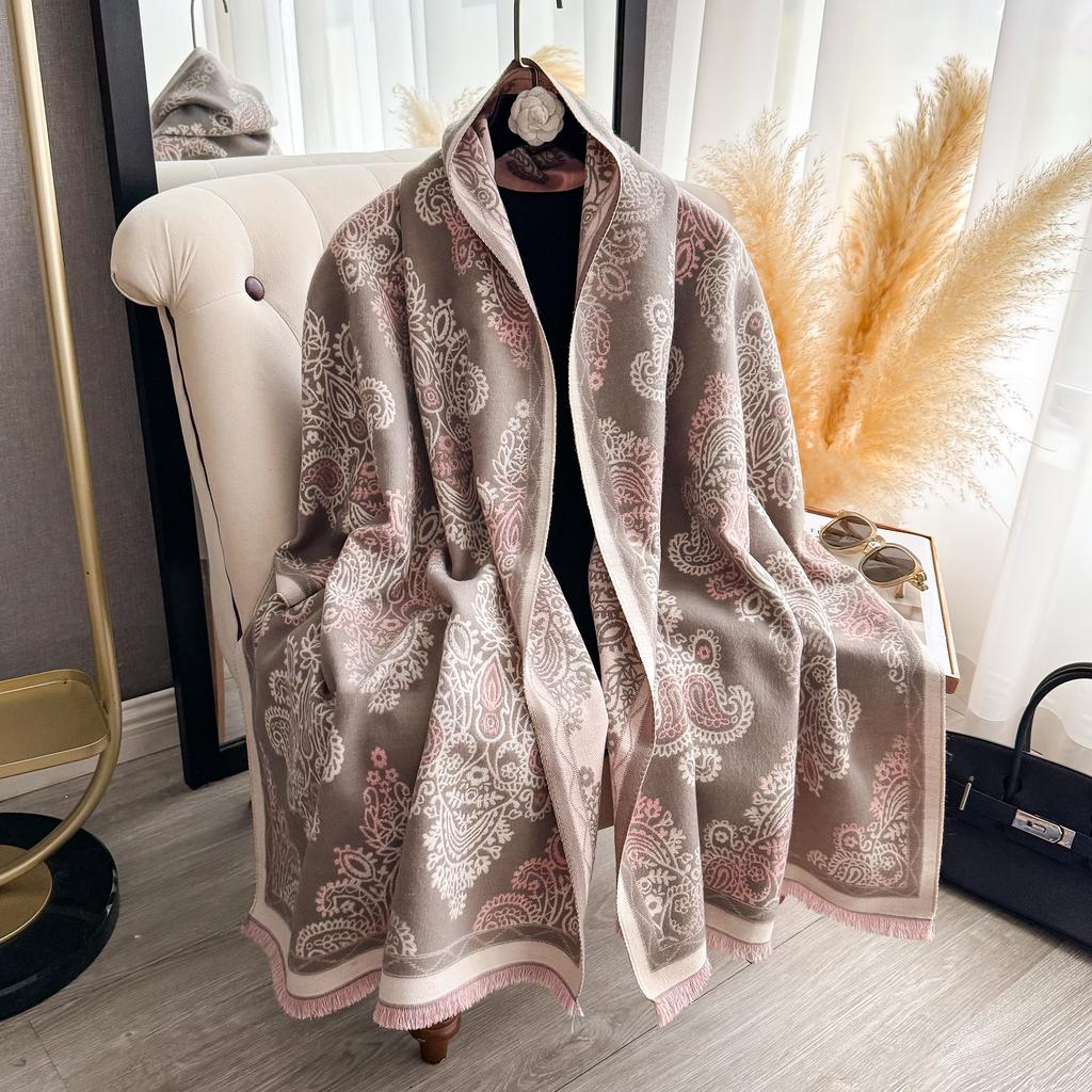 Women'S Autumn Winter Warm Faux Cashmere Scarf Jacquard Shawl Wrap Cozy Blanket Neck Protection