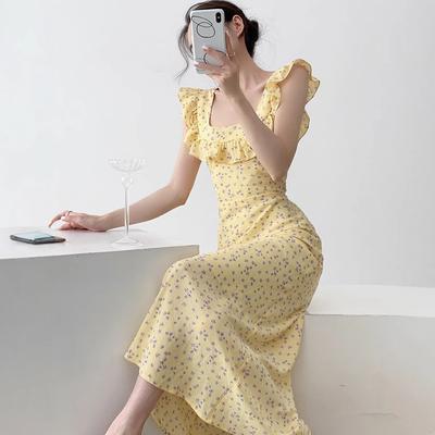 Yellow Floral Dress Women's Clothing Japanese Summer Long Temperament Holiday Style Square Collar Ruffle Leaf Edge Show Figure Long Dress