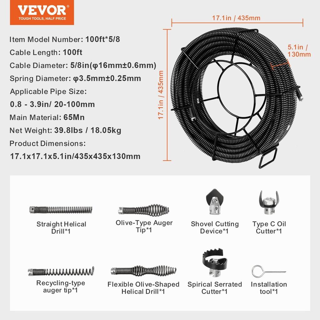 Sectional Drain Cleaning Cable 100FTx5/8In & 7 Cutters for 0.8"-3.9" Pipes