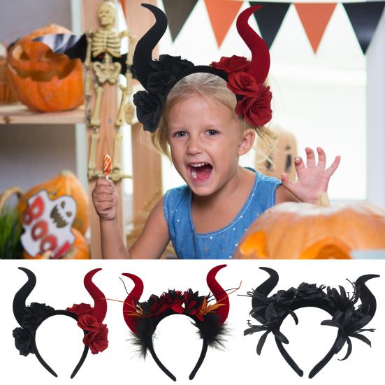 Gothic Red Black Flower Rose Headband Horn Hair Hoop Women Halloween Headband Party Costume Dress Up Carnival Hair Accessories