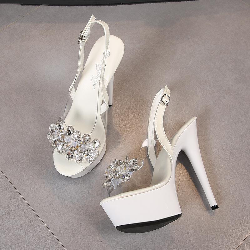 Fashion Rhinestone Fish Mouth Shoes Nightclub Stiletto High Heels 13CM Car Model Sandals Transparent Female Catwalk Steel Pipe