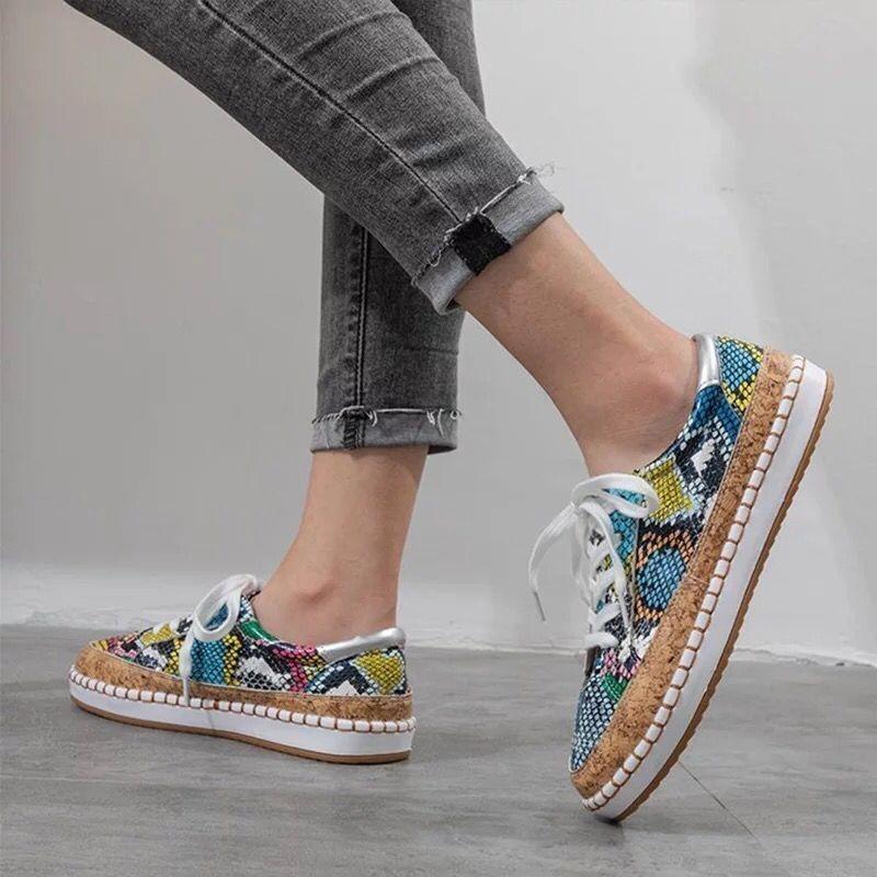 Large Size Lace-up Flat-soled Single Shoes Women's Spring and Summer New Large Size Snake Pattern Platform Casual Shoes
