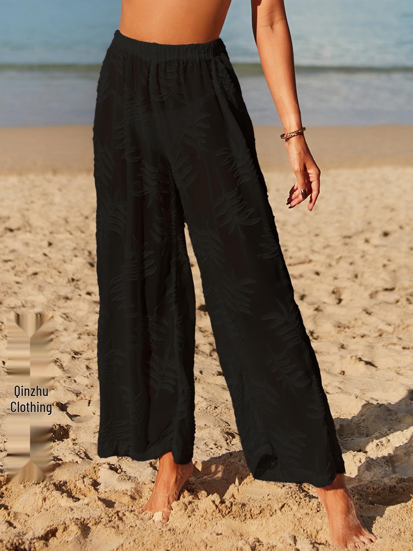 

Европейские и американские пляжные брюки из жаккардового шифона с высокой талией - Защита от солнца, Широкие штанины, Свободный повседневный крой для женщин Large чёрный
