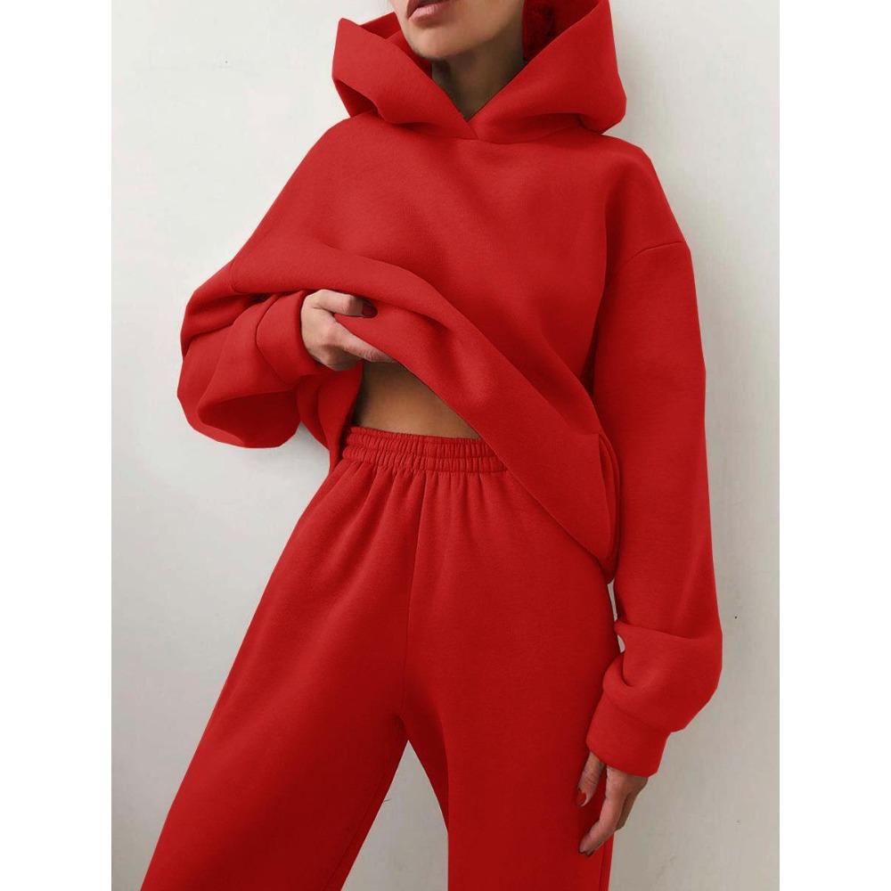 Women Elegant Solid Sets For Women Warm Hoodie Sweatshirts And Long Pant Fashion Two Piece Sets Ladies Sweatshirt Suits