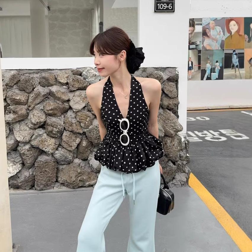 Sweet Wind Black Polka Dot Neck V-neck Vest Women's Clothing Summer Design Waist Slim Fit Chic Beautiful Top