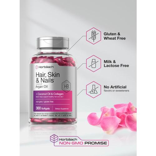 Hair Skin and Nails Vitamins | 300 Softgels | with Biotin and Collagen | Infused with Argan Oil and Coconut Oil | Non-GMO, Gluten Free Supplement | by