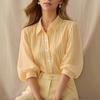 Striped Puffed Three Quarter Sleeve Lapel Commuter Shirt For Women