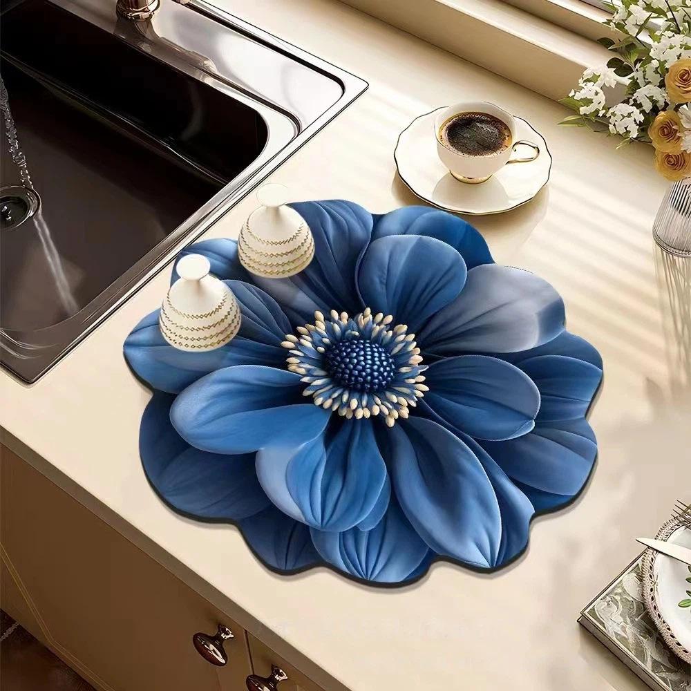 Szybkoschnąca mata do suszenia naczyń z ziemi okrzemkowej z realistycznym wzorem kwiatowym