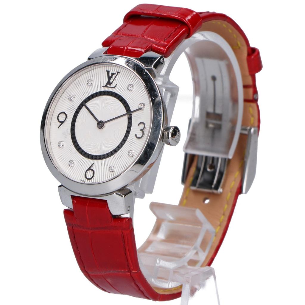 LOUIS VUITTON Q13MJ Tambour Slim Monogram Dial 8P Diamond Quartz Watches Red alligator beltUsed
