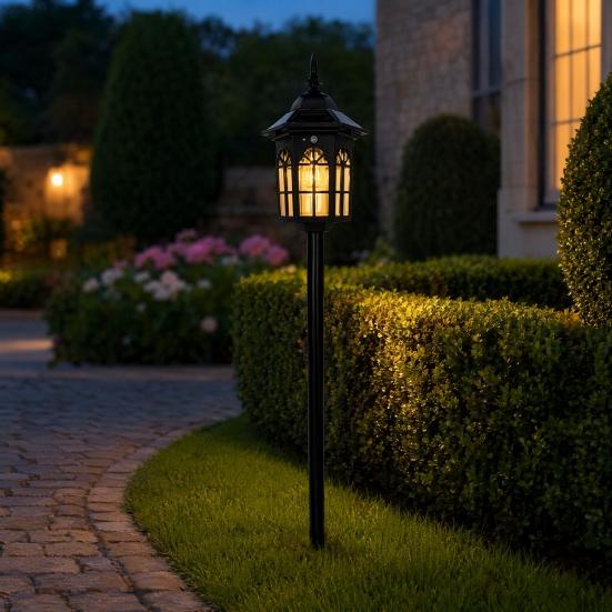 Solar Vintage Garden Stake Light, Motion Sensor Pathway Lamp, Waterproof Outdoor LED Lantern for Yard Patio Pathway Decor