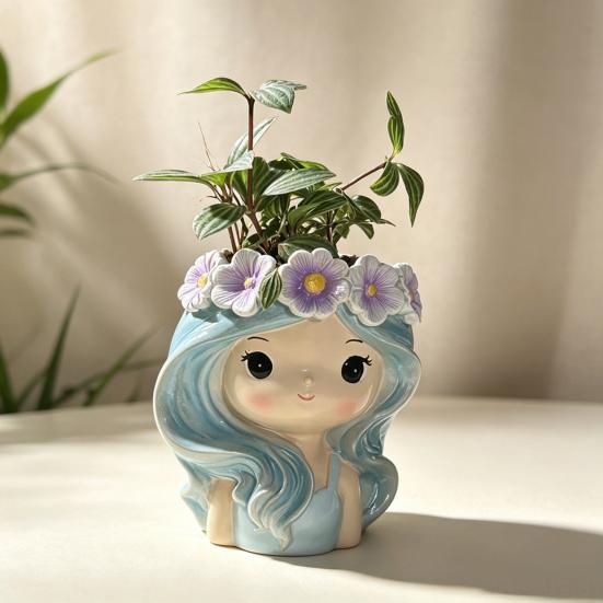 Cartoon Face Planter for Cacti Cute Girl Planter, Blue Hair Garland Head Indoor Plants Decorative Resin Plant Pot Succulents Healing Aesthetic