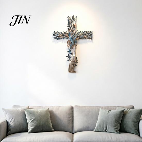 Layered Tree Wall Sculpture Metal Cross Art, of Life Hanging Crosses Decor, Art for Garden Living Room Bedroom Retro Style