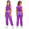 Kinder Mädchen Hip-Hop Jazz Tanzkostüm Ärmellos Rückenfrei Reißverschluss vorne Funkelnde Pailletten Kapuze Crop Top mit elastischem Bund Metallische Hose