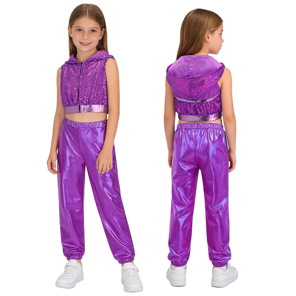 Kinder Mädchen Hip-Hop Jazz Tanzkostüm Ärmellos Rückenfrei Reißverschluss vorne Funkelnde Pailletten Kapuze Crop Top mit elastischem Bund Metallische Hose