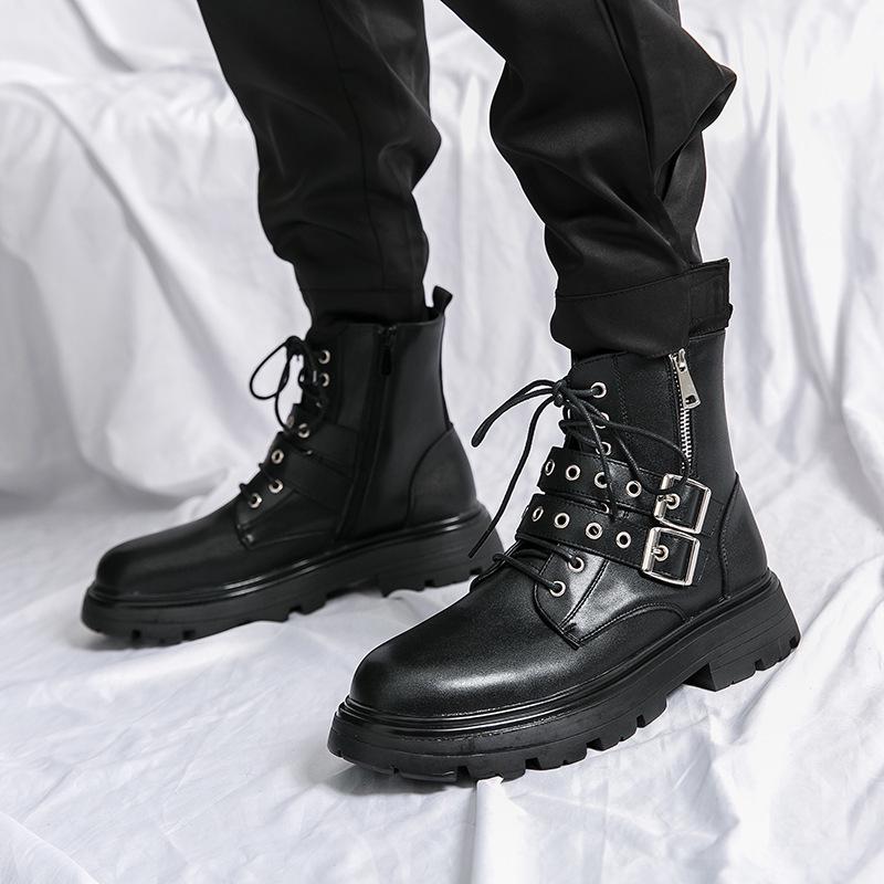 Men's Black Round Toe Ankle Boots with Cross Metal Buckle, Thick Sole, Side Zipper, and Knight Design.