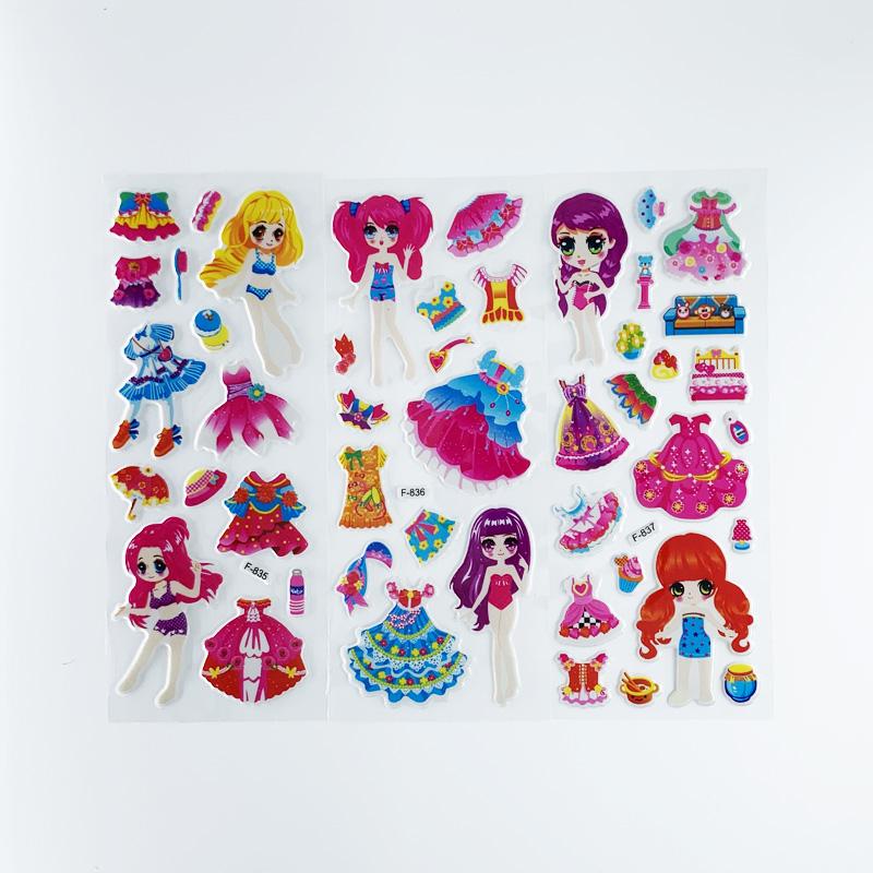 12 Blätter/Set 3D Blasen Anzieh-Mädchen-Sticker Cartoon Kleiderwechsel DIY Kawaii Sticker Lernspielzeug für Kinder Mädchen Geschenk