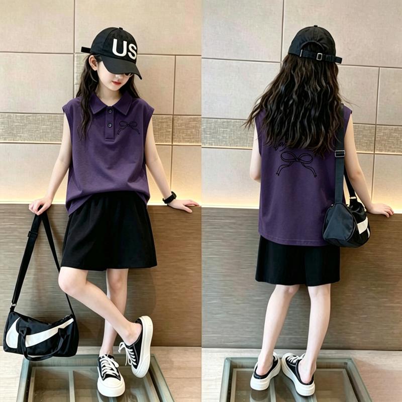 Girls' Korean Style Cotton Polo Collar Vest - Summer New Arrivals, Medium & Large Sizes, Casual Sleeveless Lapel T-shirt