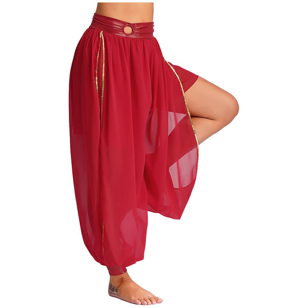 Women's Chiffon Belly Dance Pants Ruched Waistband Side Split Pants Performance Costume