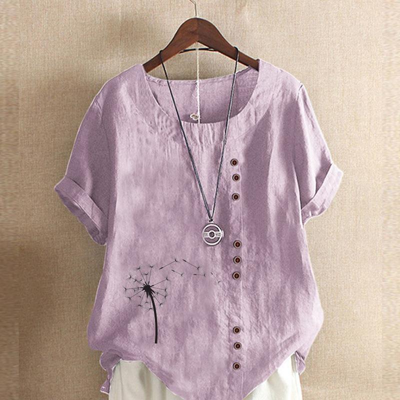 Women's Fashion Black Dandelion Prined Short Sleeve T-shirt Loose Cotton Shirt Casual Loose Summer Plus Size Blouse Tops