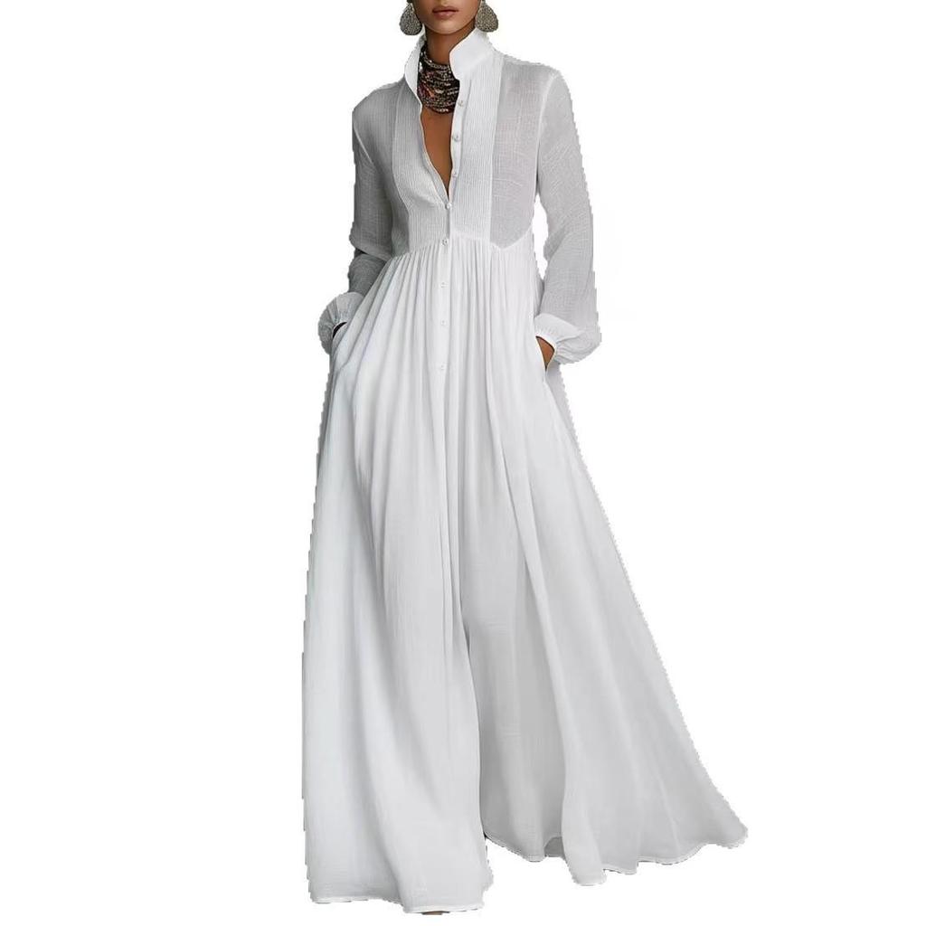 2026 Spring/Summer Elegant Slimming Long-Sleeved Pleated A-Line Holiday Dress