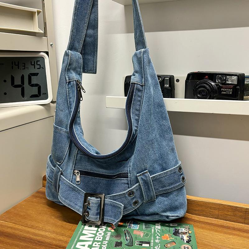 

Large capacity retro denim bag street temperament underarm bag shoulder bag large casual messenger women s bag светло-синий