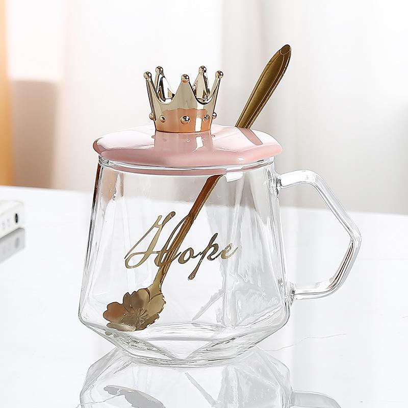 Taza de vidrio simple de vidrio con tapa cuchara oficina hombres y mujeres pareja taza de agua taza de café
