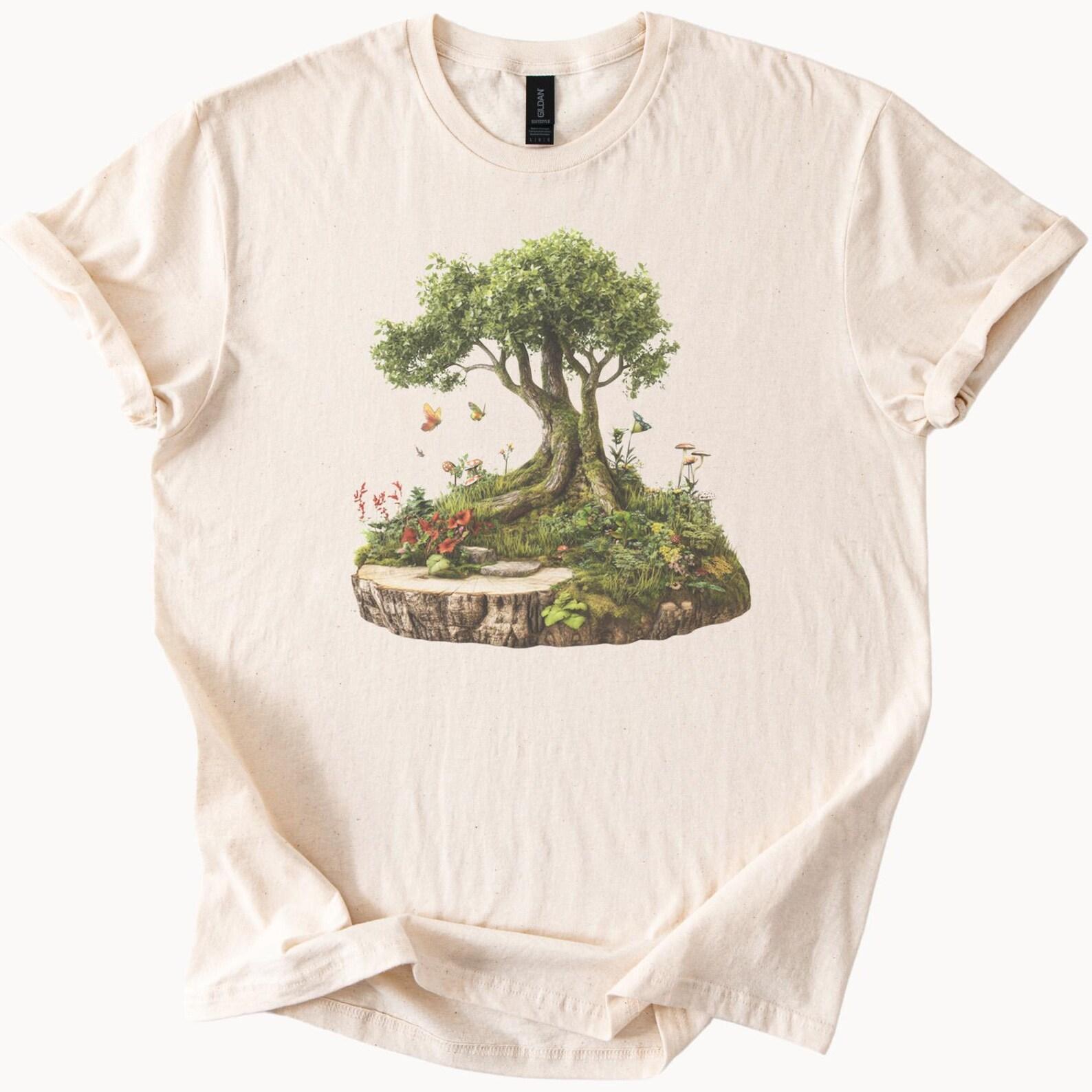 Nature Tree Graphic T Shirt Botanical Forest Art Shirt with Butterflies and Flowers Eco Woodland Tee Nature Lover Gift 140