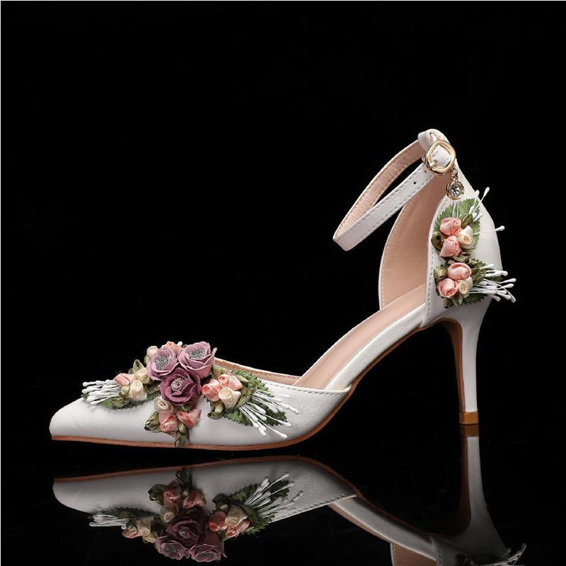 

2025 Fashion Flowers Leaf Satin Mary Janes Women Pumps Spring Autumn Elegant Pointed Toe Thin High Heels Wedding Bridal Shoes 43