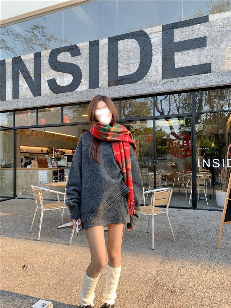 Cozy Gray Sweater & High Waist Midi Skirt Set - Soft Knit Pullover, Perfect for Autumn & Winter