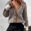 Women's V Neck Long Sleeve Knit Cardigan Oversized Elegant Houndstooth Sweater Casual Top