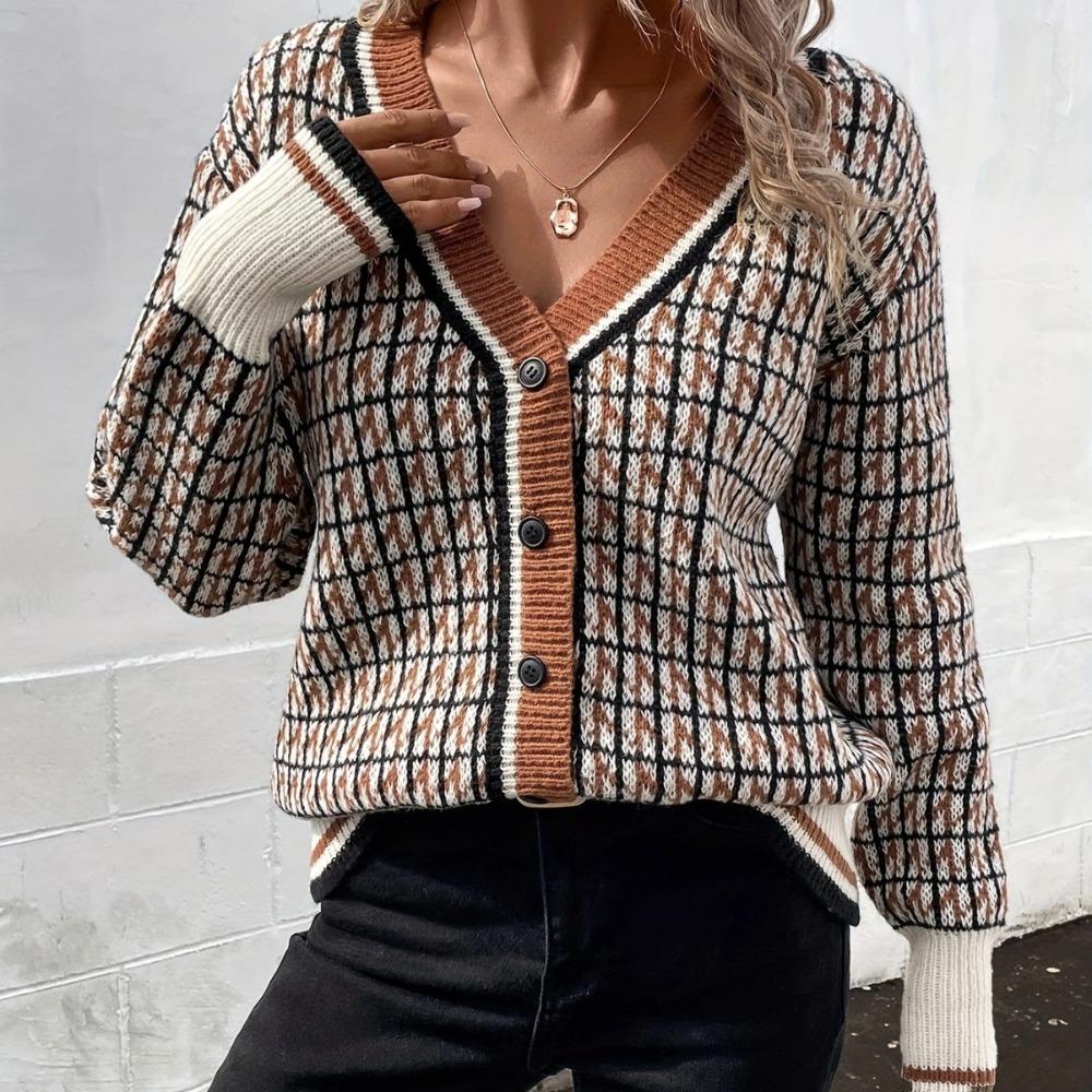 Women's V Neck Long Sleeve Knit Cardigan Oversized Elegant Houndstooth Sweater Casual Top