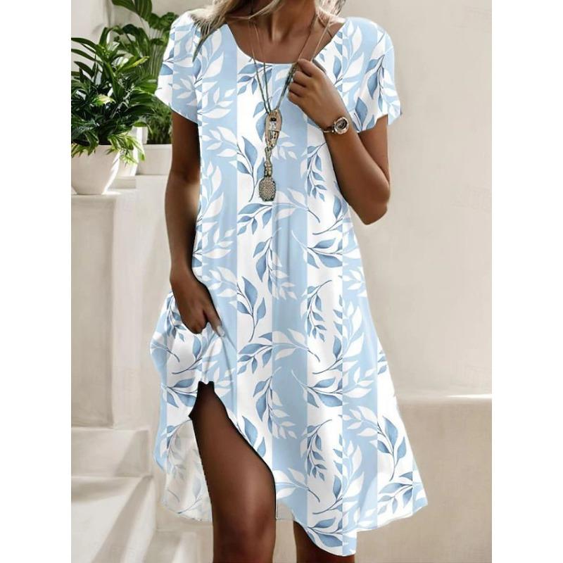 

YYFS Женская мода Лето Весна Цветочный узор Принт Короткие рукава О-образный вырез Свободная талия Повседневные платья XXXL