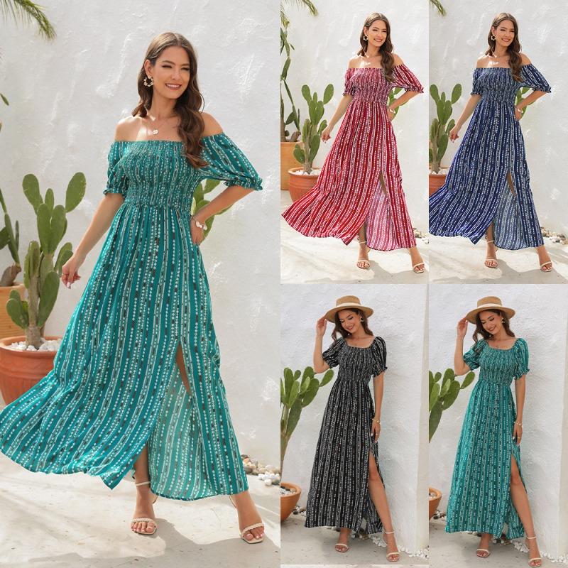 Women's Spring/summer Print Split Waist Dress One-line Shoulder Short-sleeved Holiday Casual Dress